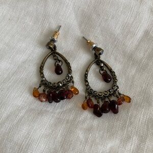 Vintage 1970s Amber Marcasite Teardrop Beaded Drop Hoop Earrings